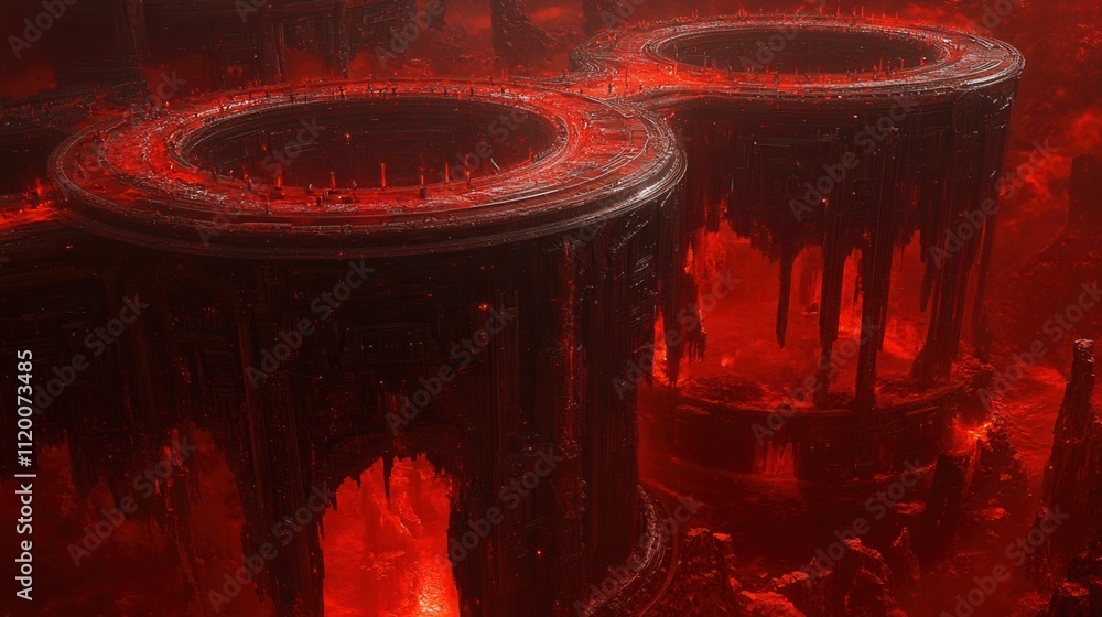 Poster a dark, atmospheric scene featuring two circular structures surrounded by molten red liquid, creatin