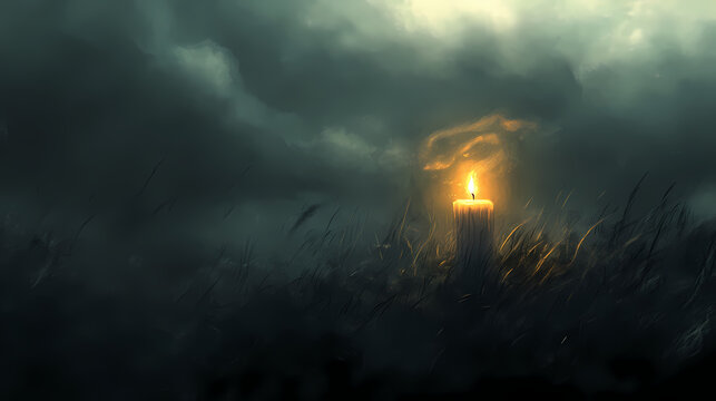 In the midst of a windy storm, one candle shines steady, its soft light cutting through the oppressive darkness, while others fade into oblivion. Oblivion. Illustration