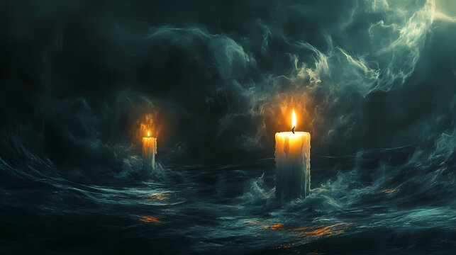 In the midst of a windy storm, one candle shines steady, its soft light cutting through the oppressive darkness, while others fade into oblivion. Oblivion. Illustration