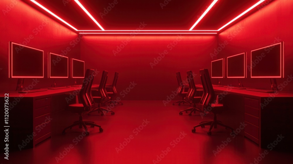 Aufkleber a dimly lit room featuring multiple desks with computers, illuminated by vibrant red neon lights, cr