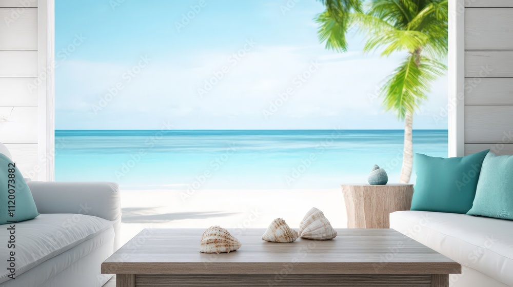 Poster a serene coastal view from a modern room, featuring comfortable seating and a table adorned with sea
