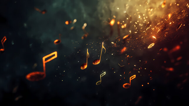 Musical notes seemingly float into oblivion on a mysterious dark background. Oblivion. Illustration
