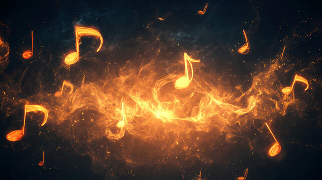 Musical notes seemingly float into oblivion on a mysterious dark background. Oblivion. Illustration