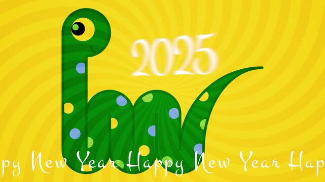 2025 Happy New Year. Loop animation with snake python symbol of the year on colorful background. Seamless holiday footage.
