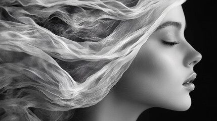 Ethereal portrait of a woman with flowing veils and serene expression