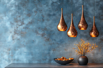  Copper lamps over concrete wall interior background 3d rendering Snowy Twilight Light gray icy blue silver midnight blue Fantasy Map Style