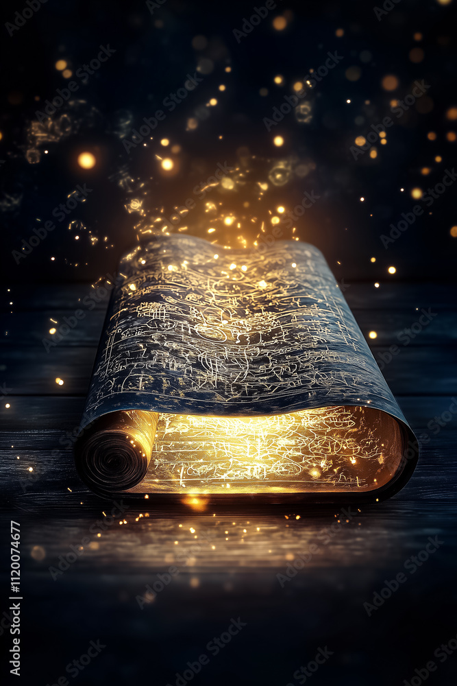 Poster a magical scroll emanates a warm glow, surrounded by sparkling particles in a dark setting at twilig