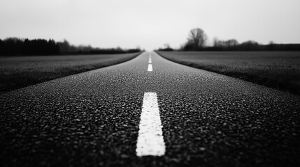 An empty asphalt road stretching into the distance, surrounded by fields and sky, evoking a sense of tranquility and vastness.