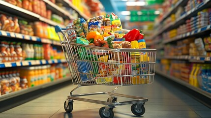 Full shopping cart in a supermarket aisle with groceries.