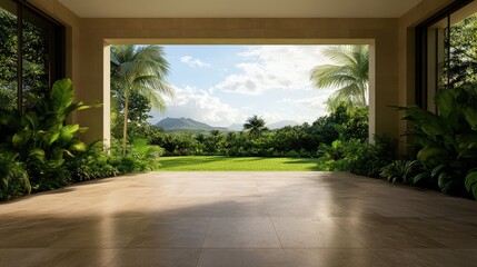 Fototapeta premium A serene view from an open space, showcasing lush greenery and a vibrant sky, blending indoor elegance with outdoor beauty.