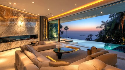 Fototapeta premium A stunning modern living room with panoramic views, featuring elegant furnishings and a seamless indoor-outdoor transition at sunset.