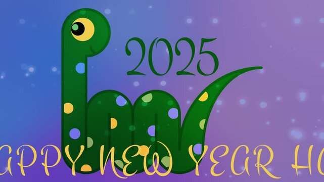 2025 Happy New Year. Loop animation with snake python symbol of the year on colorful background. Seamless holiday footage.