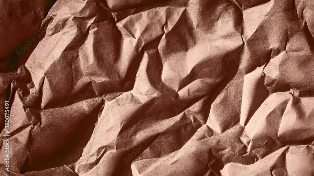 Poster crumpled textured paper in warm mocha tones creating abstract patterns and shadows, trend color 2025
