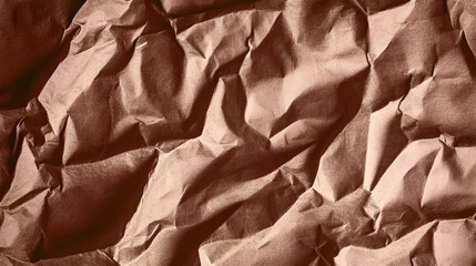 Crumpled textured paper in warm mocha tones creating abstract patterns and shadows, trend color 2025