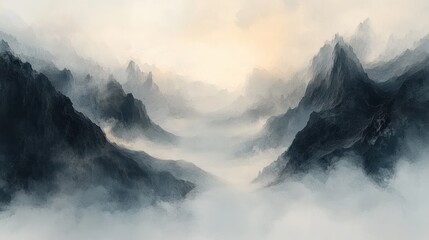 A misty mountain valley with a soft sunrise light behind the peaks.