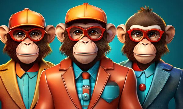 Illustration of monkeys in bare headdresses. Three cartoon monkeys in fashionable clothes.