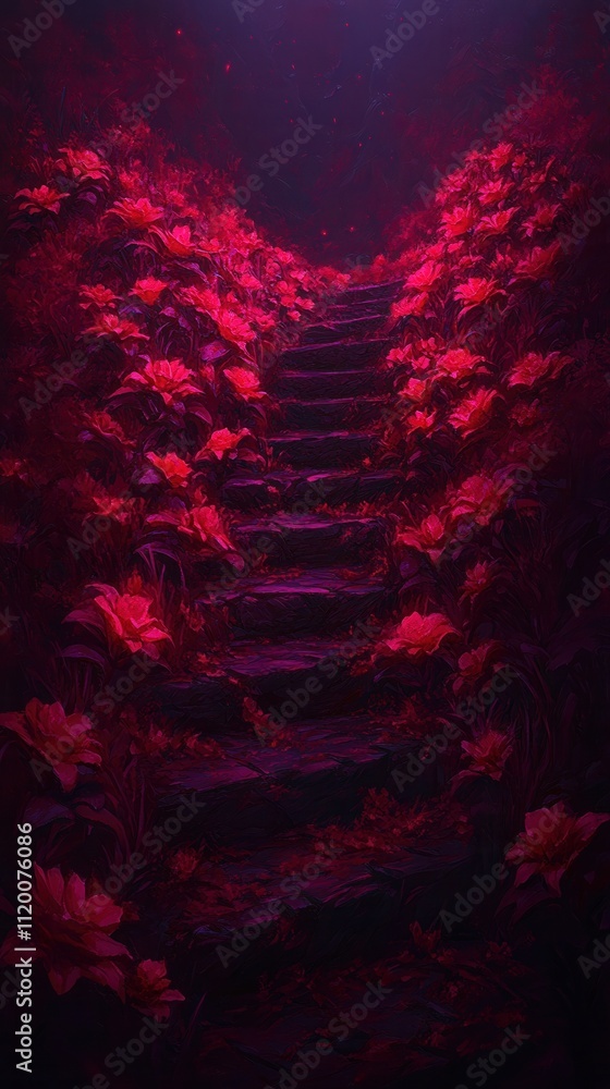 Poster a mystical staircase surrounded by vibrant red foliage, creating an enchanting and surreal atmospher
