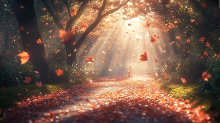 A pathway through a forest with fallen leaves on the ground and sunlight streaming through the trees.
