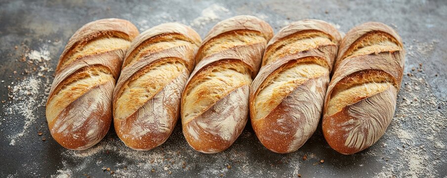 Freshly baked artisanal bread loaves with a crusty texture arranged on a stone surface, ideal for food photography.