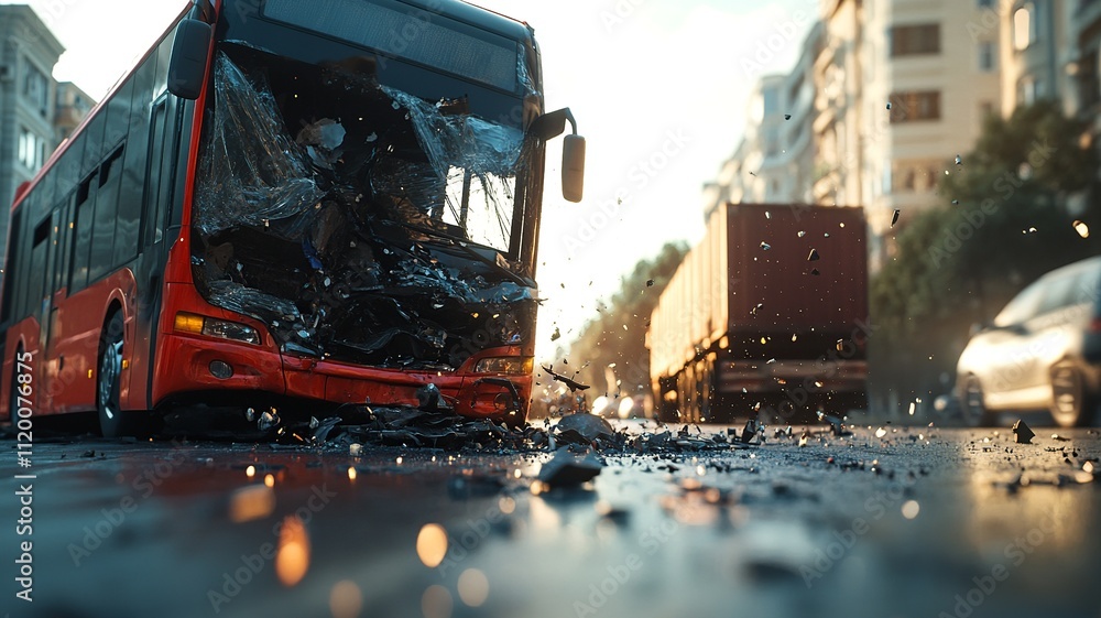 Poster a detailed image illustrating the crash between two double-decker buses. the scene vividly portrays 