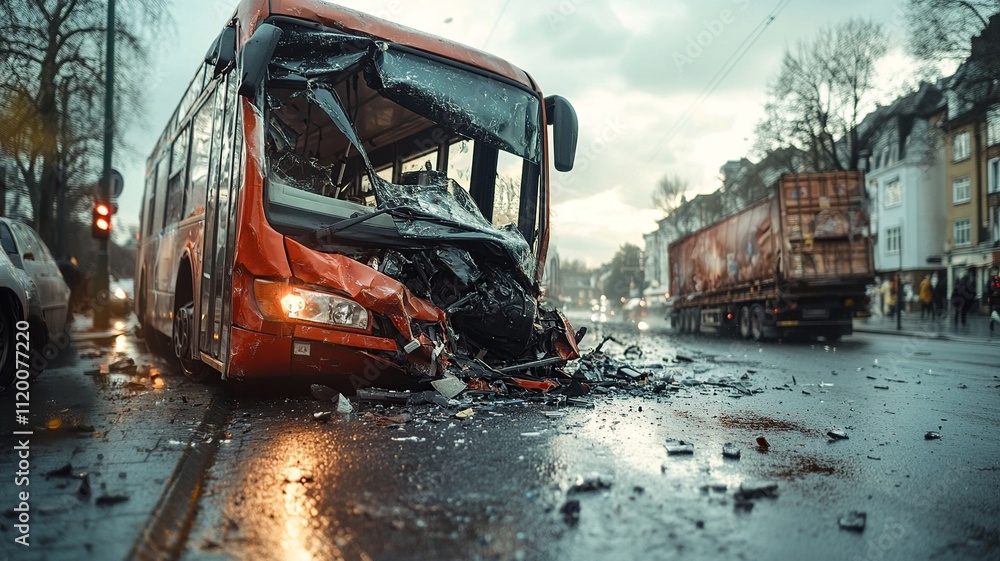 Poster a detailed image illustrating the crash between two double-decker buses. the scene vividly portrays 