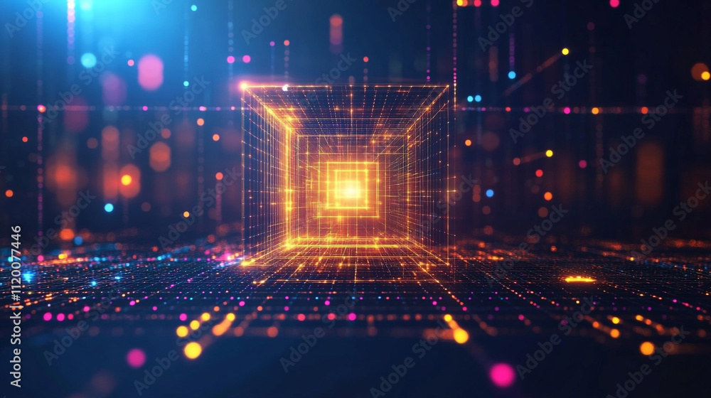Poster abstract digital space with glowing cubes, abstract, blockchain and online storage technology for da