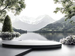  Black and white photo of a dark lake and mountains in the distance with a surreal floating platform in the foreground Impressionist Garden Soft purple pink pale green sunny yellow Chibi Style