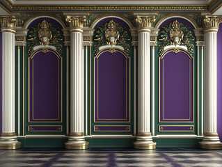  3D rendering of an empty dark room with a spotlight on the back wall in an art deco style Regal Purple Deep purple gold white dark green Pop Art