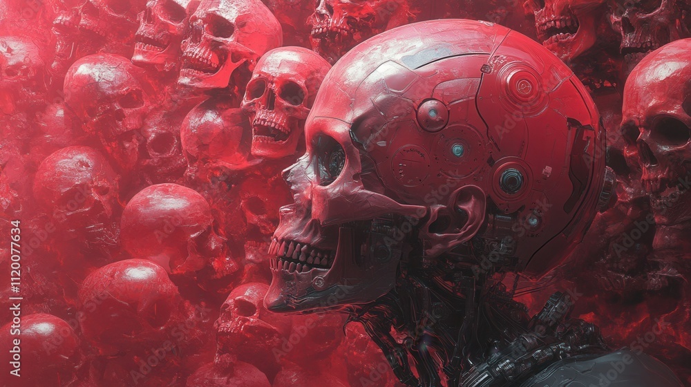 Aufkleber a striking array of red skulls, with one prominently displayed, blending elements of horror and tech