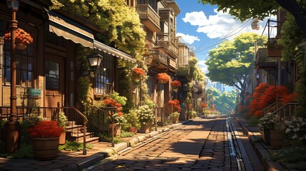 Sunlit cobblestone street lined with lush greenery, flowers, and charming buildings.