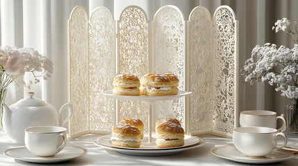  Victorian Lace Screen with Classic Tea Set and Traditional Scones for Elegant Tea Party Morning Dew Light green pale blue lavender soft gray Realism