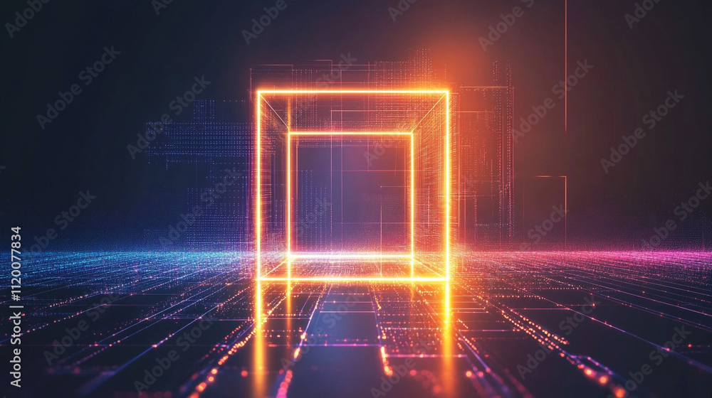 Poster abstract digital space with glowing cubes, abstract, blockchain and online storage technology for da