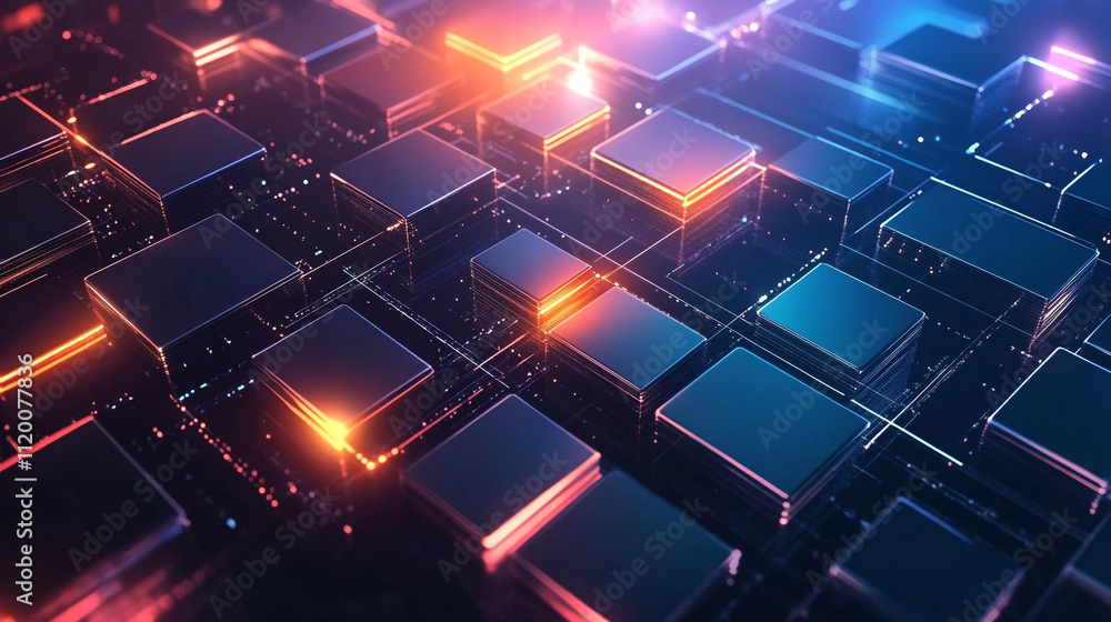 Poster abstract digital space with glowing cubes, abstract, blockchain and online storage technology for da
