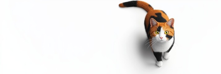 Obraz premium 3D calico cat icon with tail curled up, giving an inquisitive look, surrounded by ample white space for copy