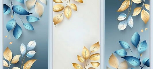 Set of Three Vertical Banners with Golden and Blue Leaves Background. created with Generative AI technology
