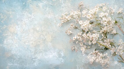 A serene arrangement of delicate white flowers against a soft blue textured background.