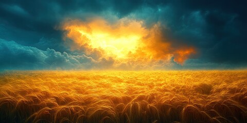 Obraz premium Golden Wheat Field Under Dramatic Sky With Fiery Clouds