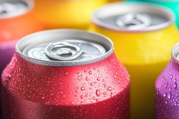 Colorful aluminum cans of soda background. Top view, macro. Recycle metal can with water drops . Beer, carbonated water, cola, energy drinks cans. Recycling concept. Closeup view of many beverage cans