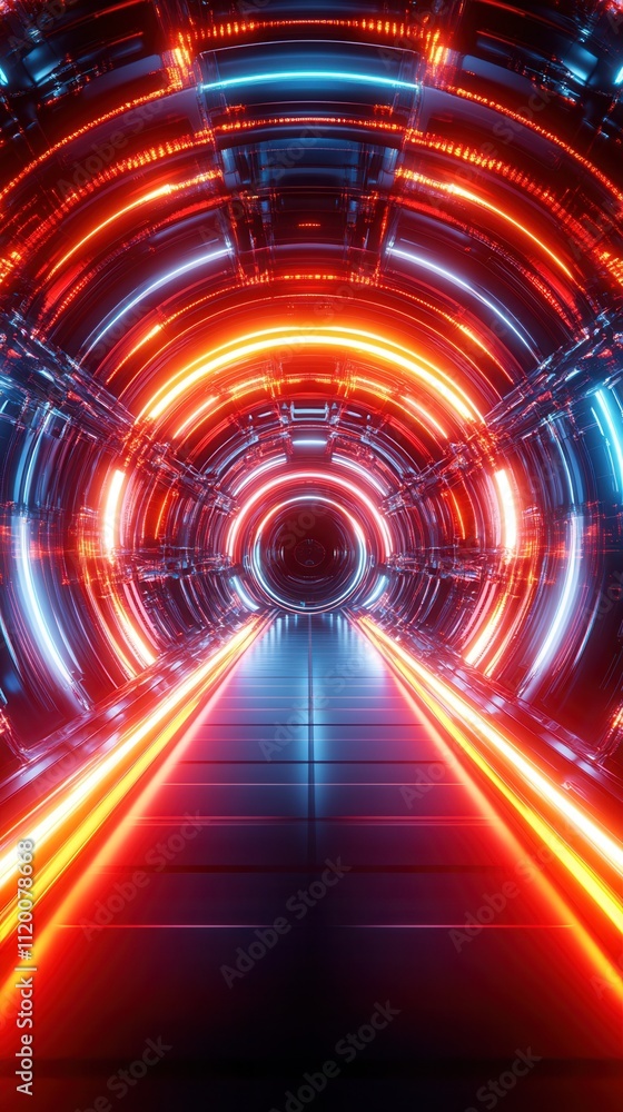 Poster a futuristic tunnel with glowing neon lights in red and blue, creating a sci-fi atmosphere with a ce