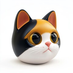 Fototapeta premium Elegant 3D calico cat icon with its head slightly tilted, showcasing curiosity, set against a white background