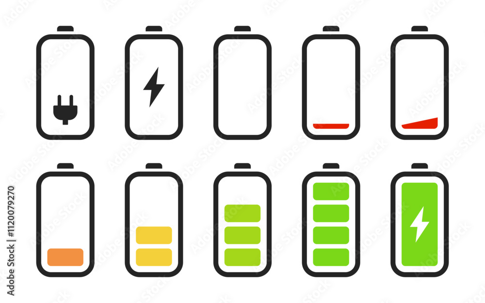 Poster battery charging status icon set. mobile phone power level indicator vector illustration collection.