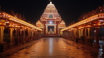 Illuminated Temple Pathway at Night A Stunning View