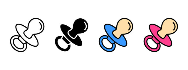 Baby pacifier icon. Dummy symbol. Baby pacifier boy and girl vector illustration. Gender party sign. Newborn or infant nipple pictogram. Colorful pink and blue baby pacifier icon set.