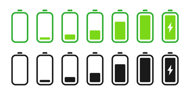Battery charging progress icon set in two different styles. Battery charging indicator vector illustration. 100 full battery charge interface button. Accumulator capacity pictogram collection