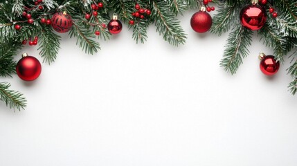 The image showcases a vibrant display of red Christmas ornaments and berries arranged on snow-dusted evergreen branches, creating a festive and cheerful holiday atmosphere.