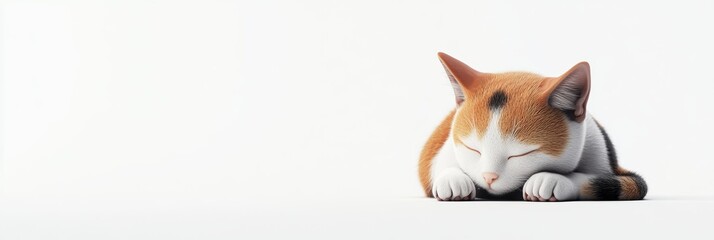 Isolated 3D calico cat icon with paws tucked beneath, in a serene pose, minimal design with white space