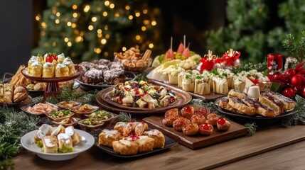 Fototapeta premium The image displays a diverse selection of Christmas treats and appetizers artfully arranged on a festive table, evoking a sense of warmth and holiday cheer.