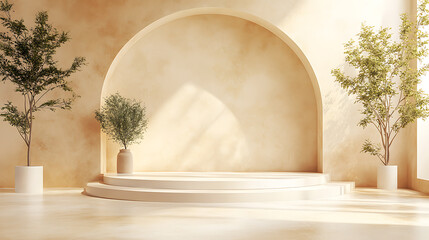 Obraz premium 3D rendering of a surreal interior scene with podiums plants and abstract shapes in a warm neutral color palette Earth Tones Burnt sienna olive green sandy brown warm cream Isometric Art