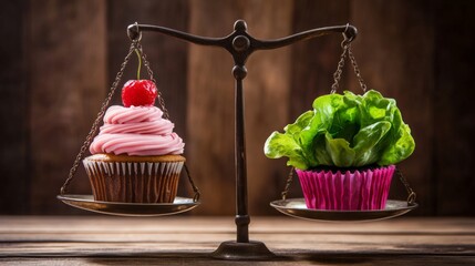 A whimsical scale balances a sweet pink-frosted cupcake against fresh, leafy lettuce, humorously highlighting choices between indulgence and healthy living.