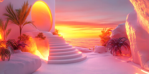  Interior mit kamin und treppe 3d Sunset Glow Orange coral magenta golden yellow Dark Fantasy
